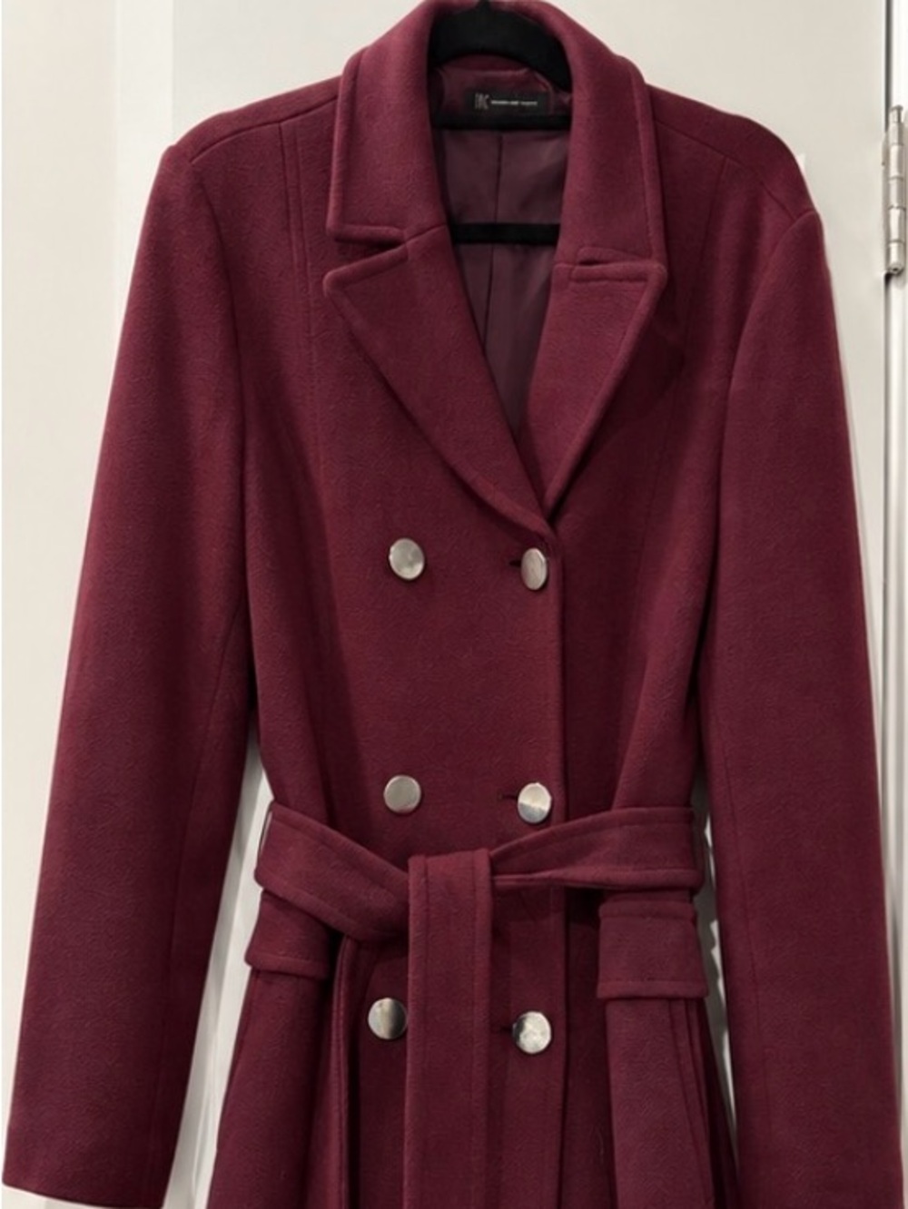 INC International Concepts Burgundy Double-Breasted Pea Coat with Belt